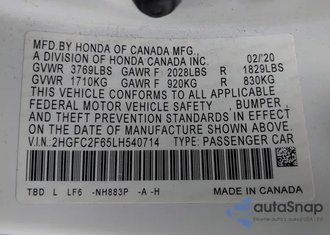 2020 Honda Civic Lx z USA, uszkodzony, nr VIN 2HGFC2F65LH540714